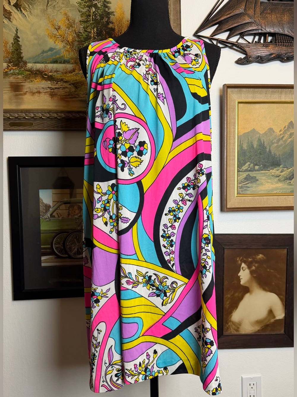 Vintage 1970s Mod Psychedelic Shift Dress S-L